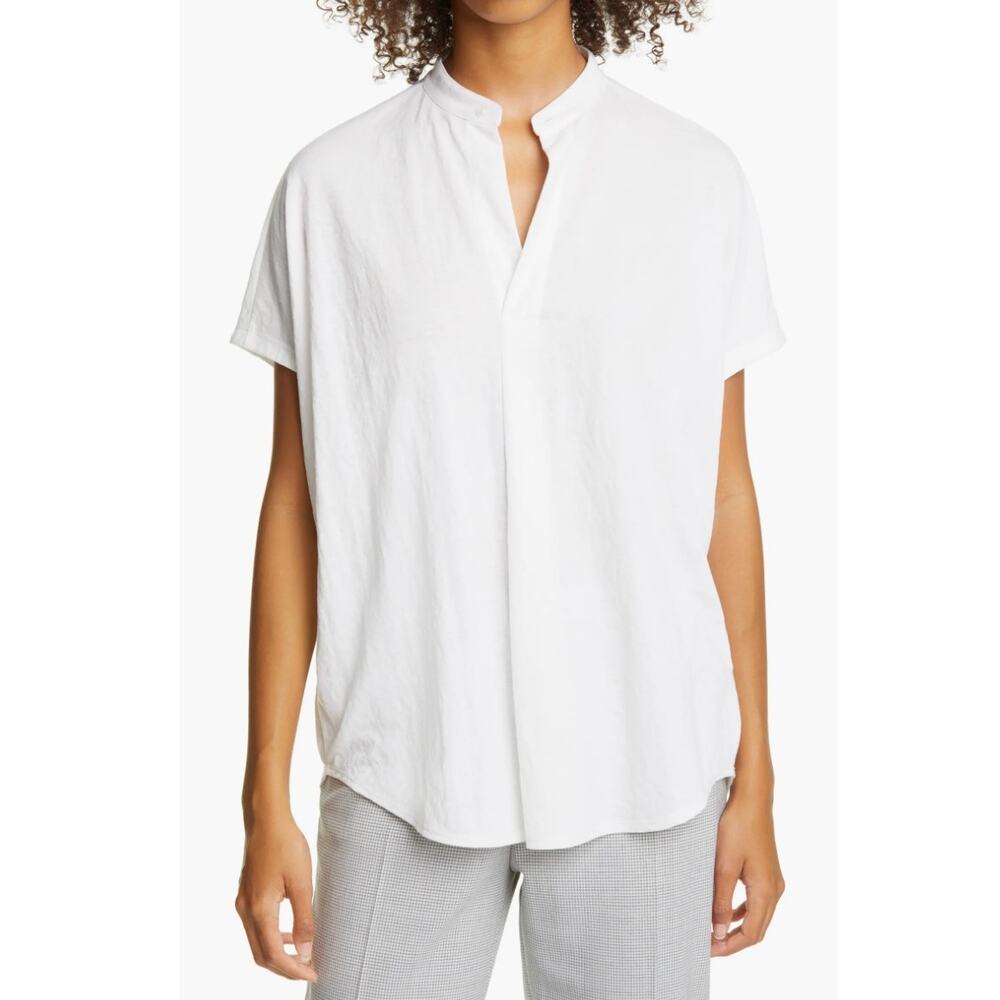 Club Monaco Womens L White Jandina Band Collar Relaxed Cap Sleeve Blouse NEW